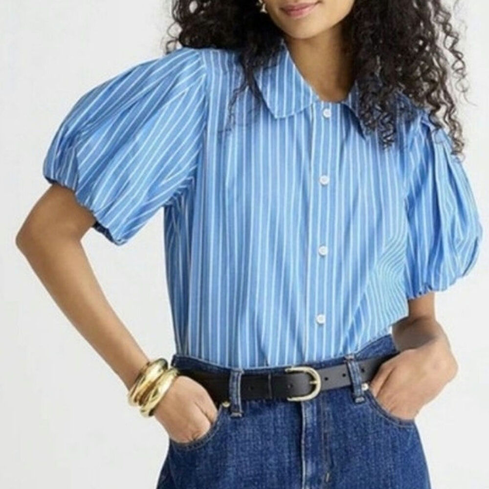 Ophelia Roe Striped Blue White Balloon Sleeve Button Front Cotton Shirt Blouse L - Picture 2 of 8